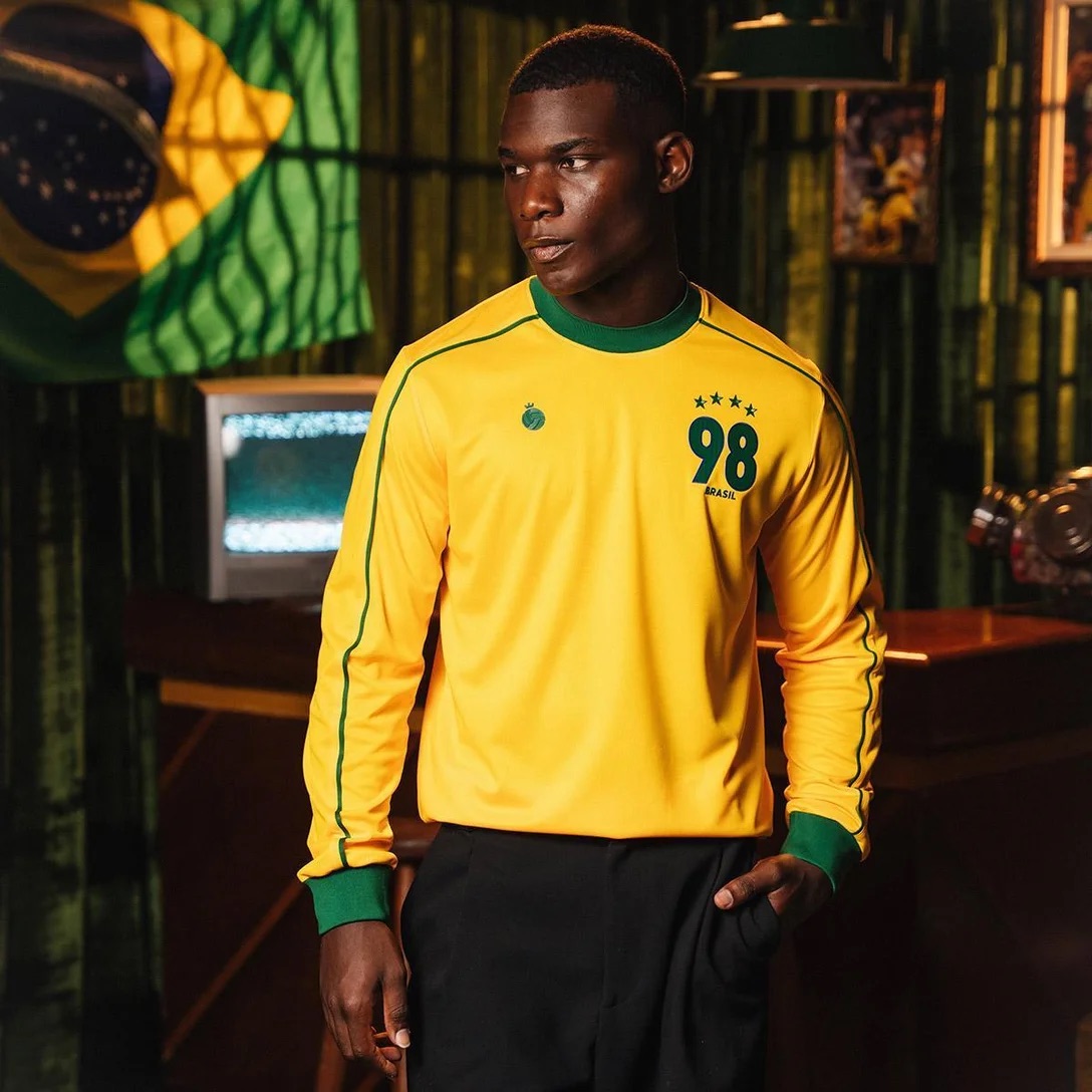 Camisa Brasil 1998 Retrô Manga Longa Masculina Amarela